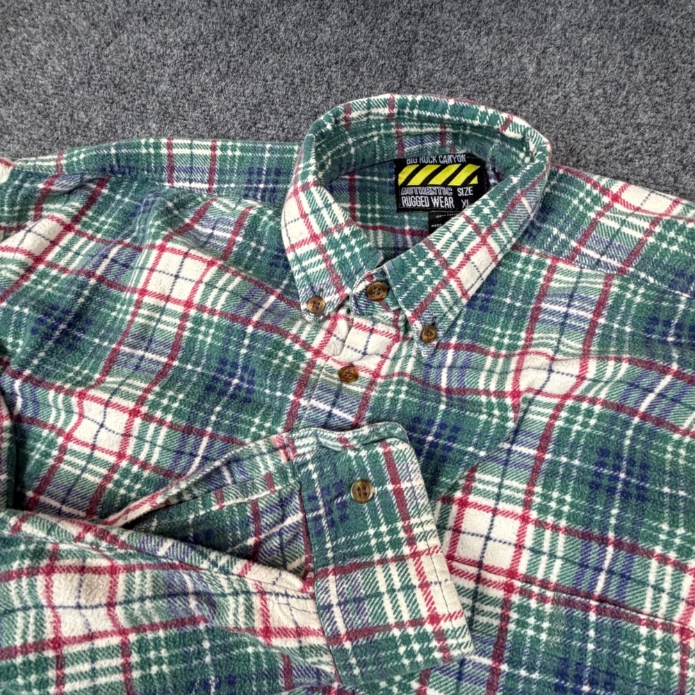 VTG Big Rock Canyon Mens XL Flannel Shirt Green Plaid Long Sleeve Rugged Wear